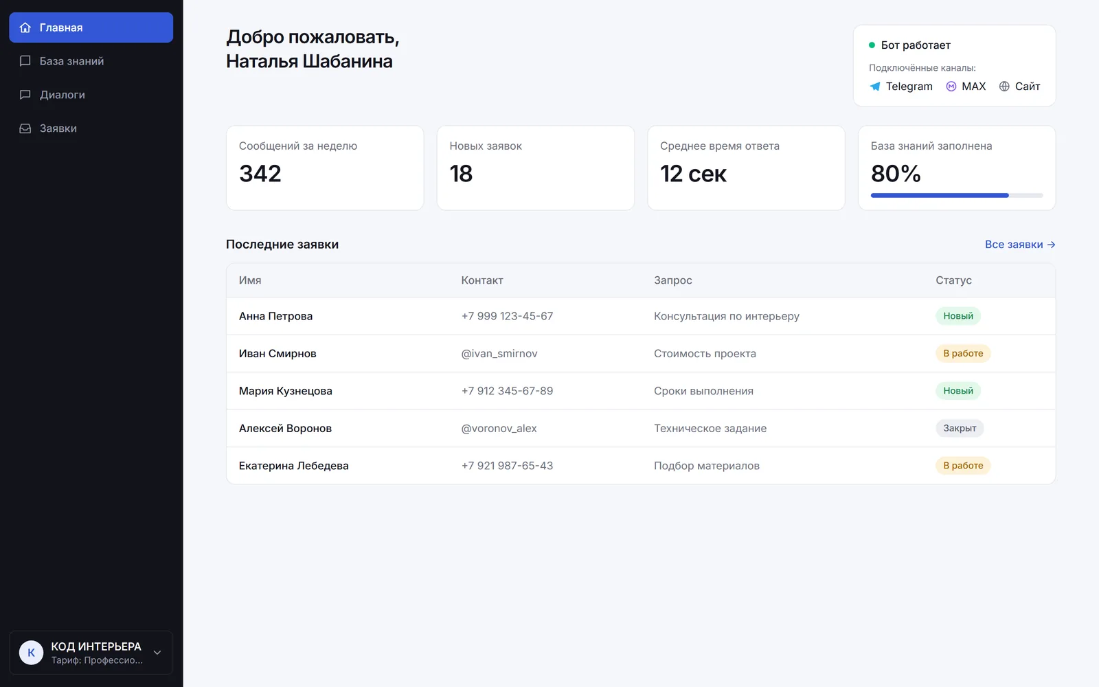 Личный кабинет клиента: заявки, диалоги и база знаний бота